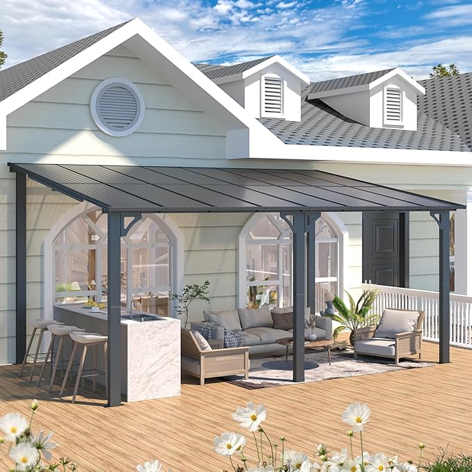 AECOJOY 16' x 10' Gazebo Outdoor Pergola, 10x16 Large Wall-Mounted Hardtop Lean to Metal Gazebo Shelter Pergolas and Gazebos Clearance with Patio Roof, Heavy Duty Awnings for Backyard, Decks AECOJOY