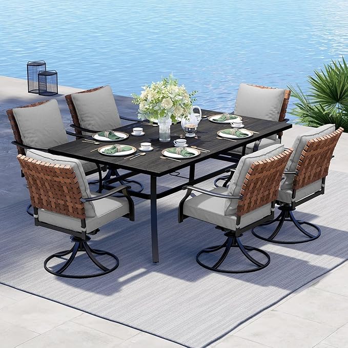 Grand patio 7-Piece Outdoor Dining Set, 6 Leather-Look Wicker Swivel Patio Chairs & 1 Rectangular Dining Table, Black GrandPatio