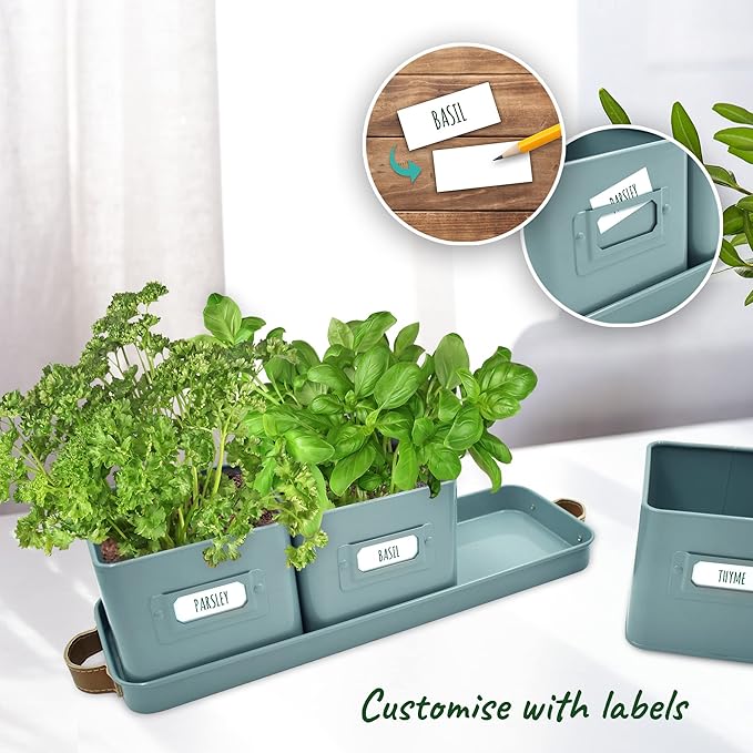 volila Herb Planter Indoor - Set of 3 Teal Blue Indoor Herb Garden Pots for Plants with Leather Handled Tray - Window Sill Plant Shelf - Herb Pots with Drainage Holes and Labels volila