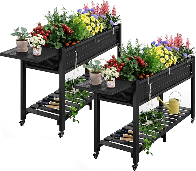 YEFU Raised Garden Bed with Legs: 57x18x30in Elevated Poly Planter with Wheels,Waterproof Mobile Raised Bed Garden, Elevated Planter Box Stand with Storage Shelf,For Deck,Patio,Porch,Yard (Black,2pcs) YEFU