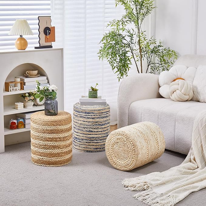 Wimarsbon Natural Seagrass Foot Stool, Hand Weaving Round Ottoman, for Living Room, Outdoor Seat (Beige Corn) Wimarsbon