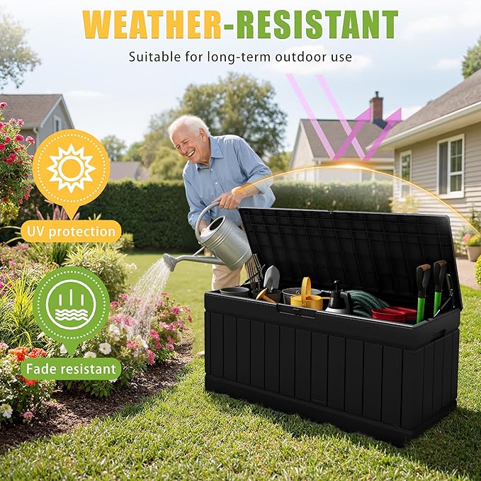 Greesum Outdoor Storage Box 82 Gallon Storage Bin with Lid for Patio Furniture, Garden Tools, Pool Supplies, Waterproof and UV Resistant, Lockable, Black BuynowfromGreesum