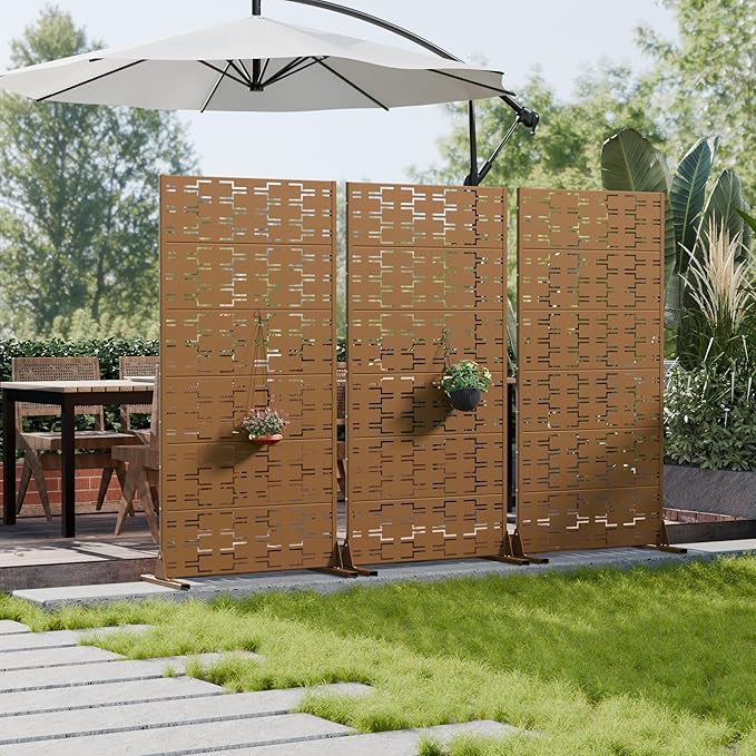 Casaphoria Metal Privacy Screen Outdoor, 72" H x 35" W Freestanding Decorative Privacy Screen for Patio Deck Balcony Garden with Stable Base, Brown-Brick Casaphoria