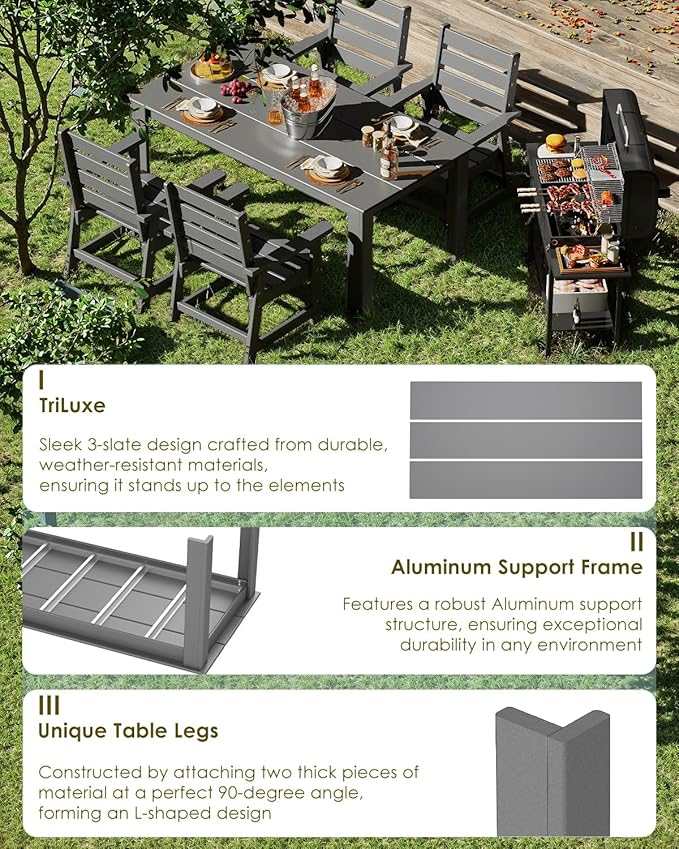 GREENVINES Outdoor Dining Table | 67’’ | HDPE | Rectangle Tables for 6 | All-Weather | Umbrella Hole | Patio Furniture | for Poolside Backyard Garden | Grey GreenVines