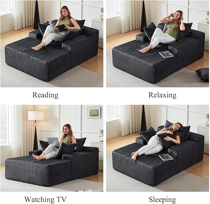 67 Inch Chaise Lounge Chair Indoor, Oversized Upholstered Boneless Sofa Bed, Corduroy Deep Seat Sleeper Couch Reading Chairs, Cloud Sofas Couches for Living Room, No Assembly Required (Dark Gray) Rootora