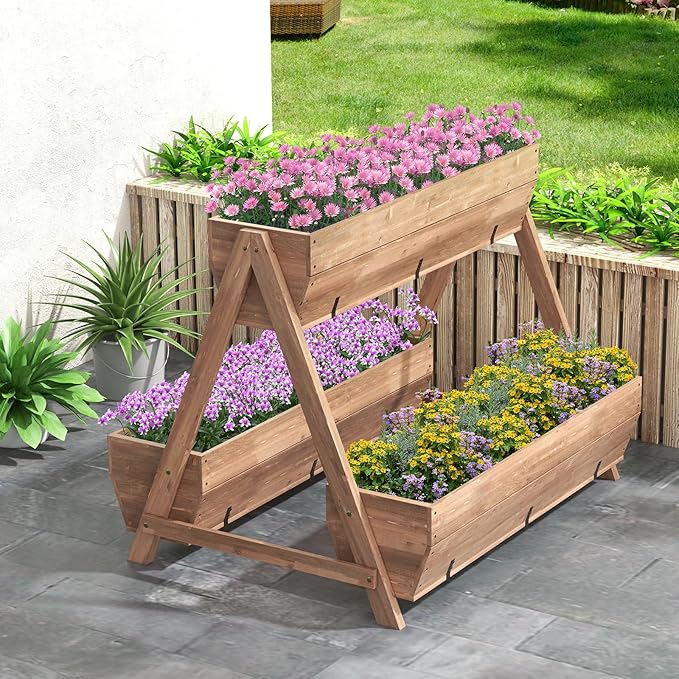 Giantex Vertical Raised Garden Bed, 3 Large Wood Planter Boxes for Flower Vegetable Fruit Herb, Freestanding Planter with Drain Holes, Elevated Raised Beds for Indoor Outdoor Lawn Patio Yard, Brown Giantex