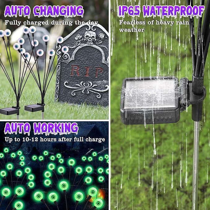 ASMAD Scary Solar Eyeball Lights, Waterproof Swaying Firefly Path Lights for Outdoor/Halloween Decorations/Garden/Yard/Patio/Party Decor, Green Eyeball, 4 Pack, 32 LEDs ASMAD