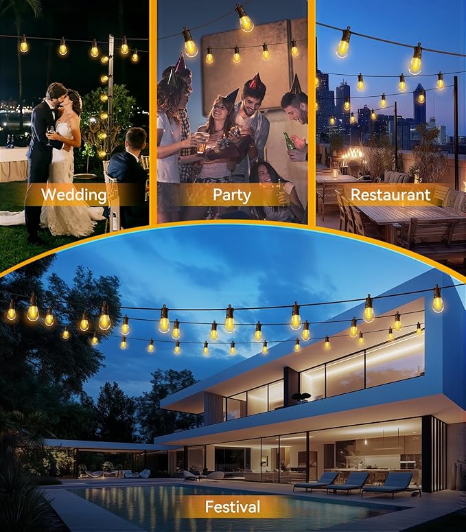 Outdoor String Lights Patio LED Light Outside - 60M IP65 Waterproof 58+2 S14 LED 200ft Porch Lighting Rootora