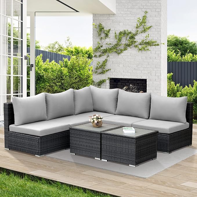 NICESOUL 7 Pieces Comfy 29.3'' High Back Outdoor Furniture Sofa Set, Extra Large Size Grey PE Wicker Patio Modular Sectional with Side Tables, All-Weather Rattan Conversations for Backyard Deck,Gray NICESOUL