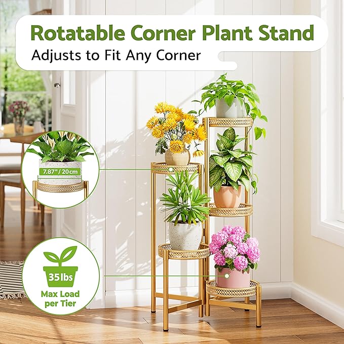 Tall Plant Stand Indoor Outdoor, Corner Metal Flower Pot Stands for Multiple Plants, 5 Tier Heavy Duty Plant Shelf for Patio Garden Balcony Living Room Bedroom - GoldWave Rootora