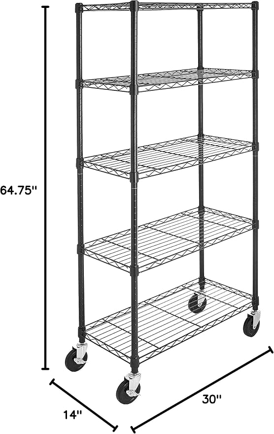 Amazon Basics 5-Shelf Heavy Duty Garage Shelving Storage Rack with 4" Wheel Casters, Adjustable Metal Wire Organizer, 300 lbs Per Shelf, 30" x 14" x 64.75", Black AmazonBasics
