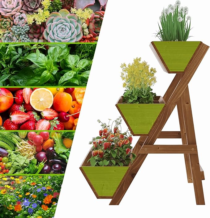 3-Tiers Wooden Raised Garden Bed Tiered Planter Box Flower Pots Vertical Garden Planter Wood Plant Stand for Vegetables Flowers Herbs for Patio, Balcony, Freestanding (Brown L) Dawnyard