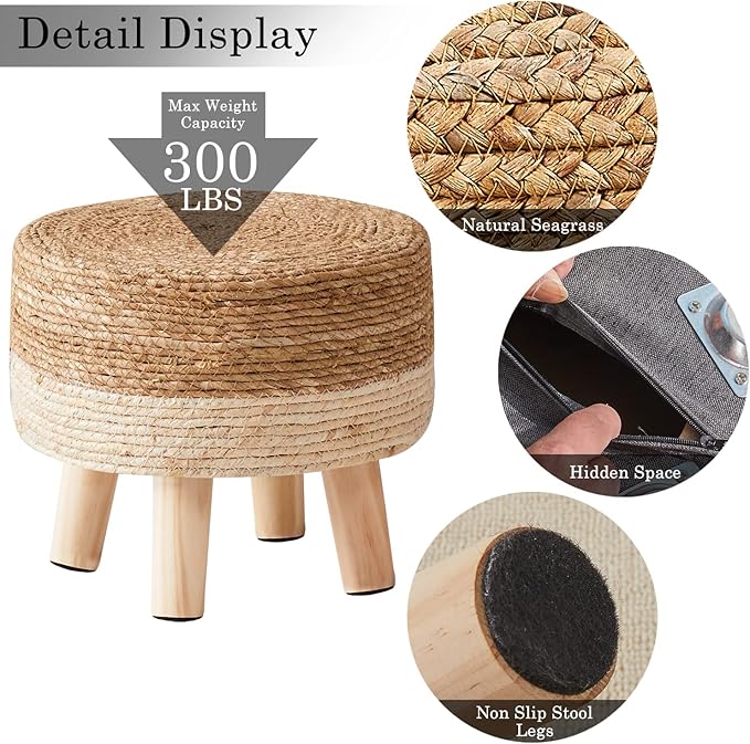 Cpintltr Foot Stool Natural Seagrass Hand Weave Poufs Round Ottoman for Couch Desk Soft Step Stool Padded Foot Rest with Non-Skid Pine Legs for Hallway Office Lounge Natural/White CpintltrFruniture