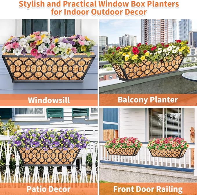 Riare 4 Pack 16 Inch Window Boxes Planters with Coco Liner, Metal Deck Railing Planter Boxes, Balcony Planters Railing Hanging, Horse Trough Window Flower Planter Boxes for Outdoor Porch Fence Patio Riare
