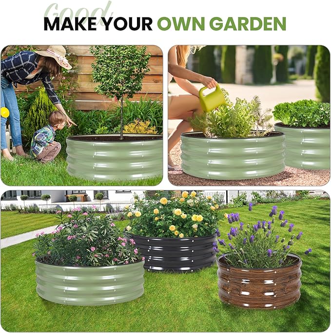 G GOOD GAIN Round Raised Garden Bed - 2Pcs 3x3x1ft Galvanized Steel Planter Boxes Outdoor with Rubber Edge Trim | Metal Raised Beds for Gardening Vegetables Flowers Fruits Herbs (Olive Green) GGOODGAIN