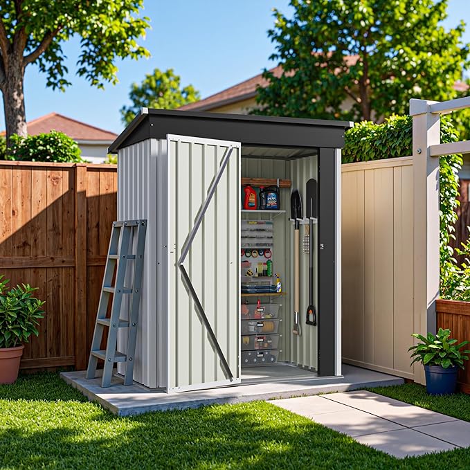 Greesum 5×3 FT Outdoor Storage Shed, Metal Storaged Sheds Without Floor, Tool Sheds with Lockable Doors and Sloping Roof for Garden, Patio, Backyard, White BuynowfromGreesum