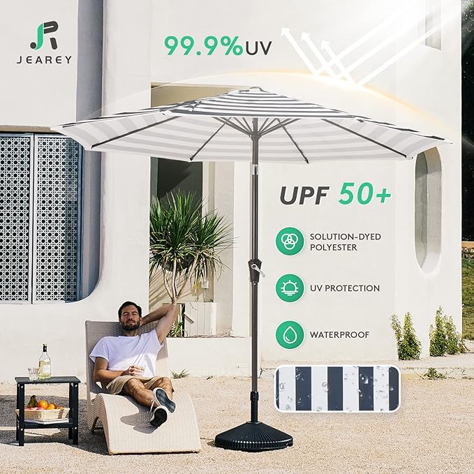 JEAREY 9FT Outdoor Patio Umbrella Outdoor Table Umbrella with Push Button Tilt and Crank, Market Umbrella 8 Sturdy Ribs UV Protection Waterproof for Garden, Deck, Backyard, Pool (Black & White Stripe) JEAREYOutdoorsCollection