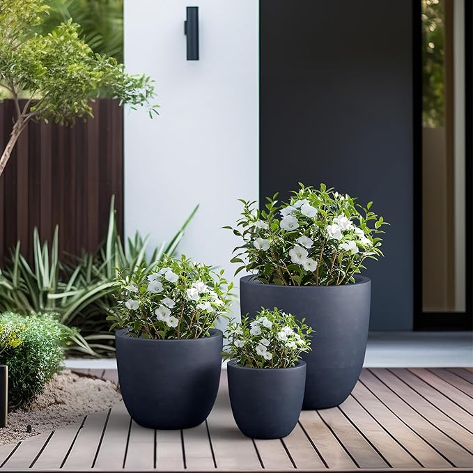 Kante 18",14",10" Dia Concrete Round Planters (Set of 3), Outdoor Indoor Large Planter Pots with Drainage Hole and Rubber Plug for Home Patio Garden, Dark Gray Kante