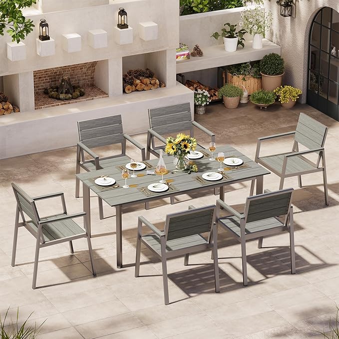 67" Rectangle HDPS Patio Dining Table, Aluminum Outdoor Patio Dining Table with Umbrella Hole, Weather-Resistant for Lawn, Garden, Yard, Poolside and Indoor Use (Gray & Teak) Oasbira