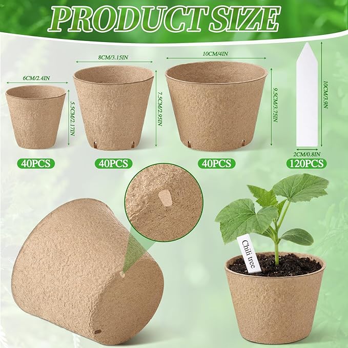 120 Pcs Round Peat Pots 2.4"+3.14"+4" Plant Starter Nursery Pot with Drainage Holes Garden Germination Seedling Pots with 120 Plant Labels for Indoor Outdoor Gardens Rootora