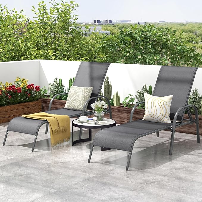 Giantex 2 Pack Patio Lounge Chair, Outdoor Chaise Lounge with 5 Adjustable Backrest, Sturdy Steel Frame, Sunbathing Recliner, Tanning Chair for Beach, Outside, Yard, Balcony, Pool Chairs (2,Dark Gray) Giantex