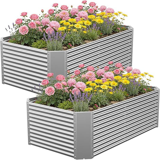 2 Pack 4x2x1.4 ft, (16" Tall) Galvanized Steel Raised Garden Bed, Large Metal Planter for Vegetables, Herbs & Flowers, Durable Outdoor Garden Box for Yard, Terrace, and Balcony Annzoe