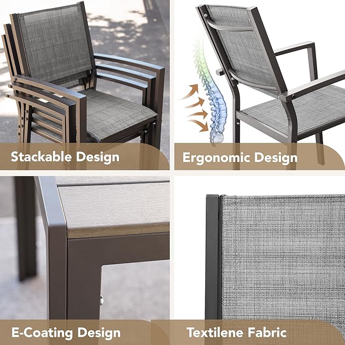 Devoko Patio Dining Set 7 Piece Outdoor Furniture with Rectangular Table and 6 Stackable Chairs Family Conversation Set for Garden Backyard Deck (Grey) DEVOKO