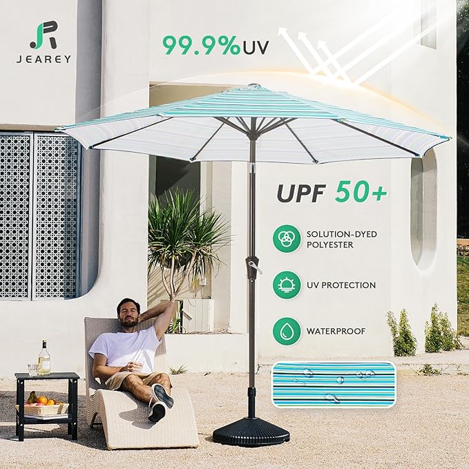 JEAREY 9FT Outdoor Patio Umbrella Outdoor Table Umbrella with Push Button Tilt and Crank, Market Umbrella 8 Sturdy Ribs UV Protection Waterproof for Garden, Deck, Backyard, Pool (Blue Green Stripe) JEAREYOutdoorsCollection