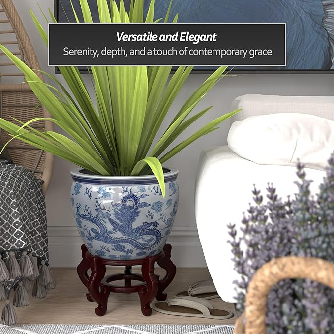 Red Lantern 14" Dragon Blue & White Porcelain Fishbowl Planter or Cachepot for Indoor/Outdoor Use in Garden Entryway Living Room Boho Eclectic Modern Contemporary Classic Traditional Style Decor RedLantern