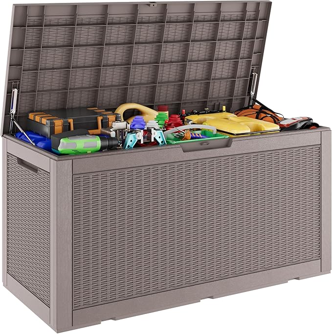 Outdoor Storage Box, Resin Deck Boxes Indoor and outdoor, Waterproof Storage Box Lockable Lid (Grey, 101 Gallon) NBYSGO