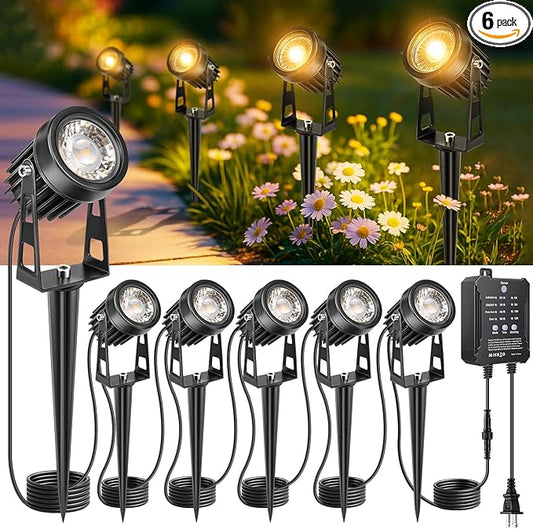 Plug and Play Low Voltage Landscape Lighting Kit, 6-Pack Wired Landscape Lights with Smart Transformer, Warm White Waterproof Outdoor LED SpotLights for Yard, Garden, Pathway, Tree ROLANCHE