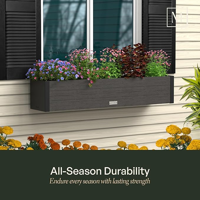 Mayne Horizon 5FT Window Box Planter – Modern Rectangular Faux Wood Grain Design for Windows, Durable All-Season Outdoor Flower Box with Drainage, Easy Installation Mayne