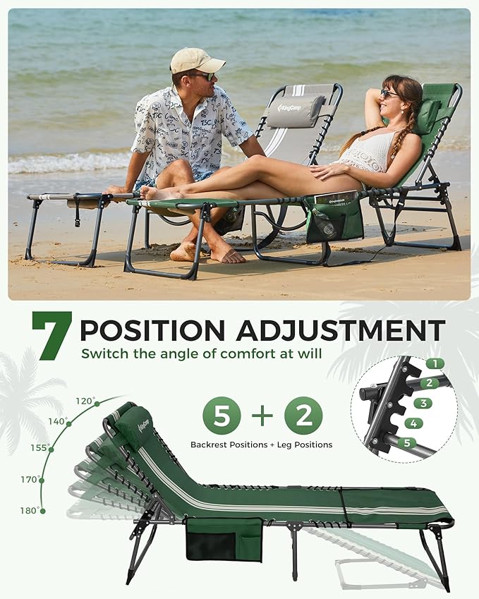 KingCamp 2 Pack Folding Lounge Chair Outdoor, Tanning Chair with Face Hole Comfy Adjustable 5-Position Foldable Chaise Chaser Lounger for Outside Beach Patio Sun Bathing Pool, Green/White KingCamp