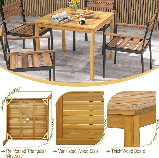 Tangkula 36" Square Outdoor Dining Table, Acacia Wood 4-Person Patio Dining Table with 1.9" Umbrella Hole, Farmhouse Patio Bistro Table, Indoor Outdoor Dining Furniture for Yard Deck Lawn TANGKULA