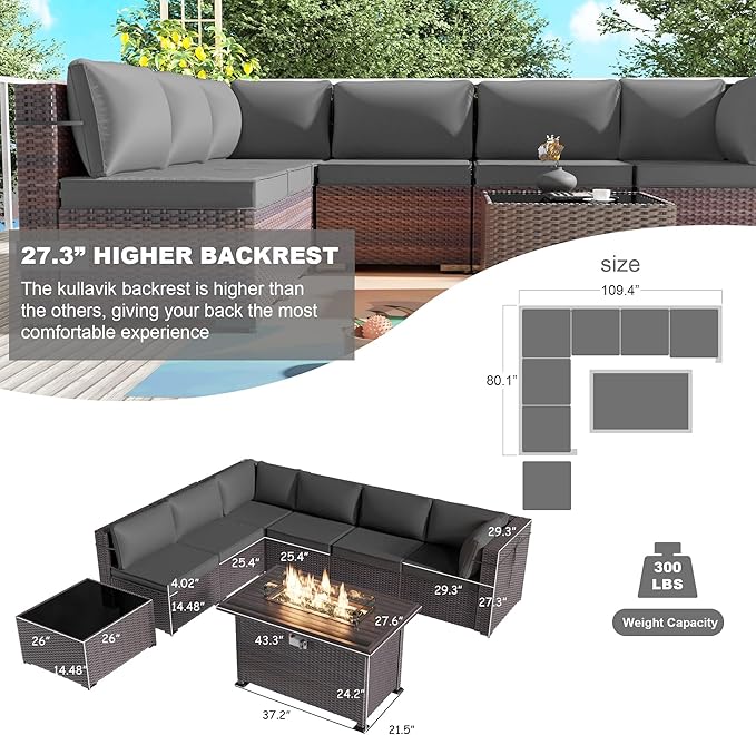 Kullavik 8 Pieces Outdoor Patio Furniture Set with 43" 55000BTU Gas Propane Fire Pit Table PE Wicker Rattan Sectional Sofa Patio Conversation Sets,Grey KULLAVIK