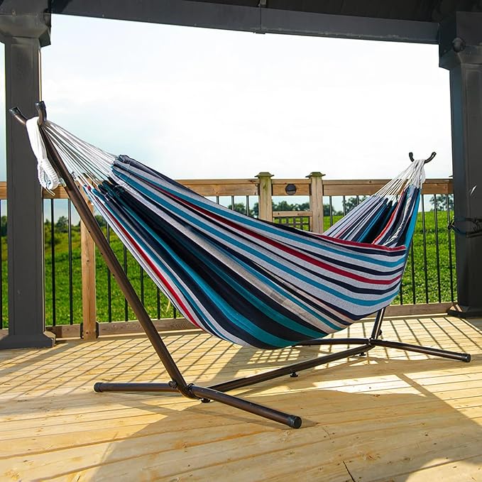 Vivere Double Cotton Hammock with Space Saving Steel Stand, Upgraded Polyester End Strings 450 lb Capacity - Premium Carry Bag Included - (Denim) Vivere