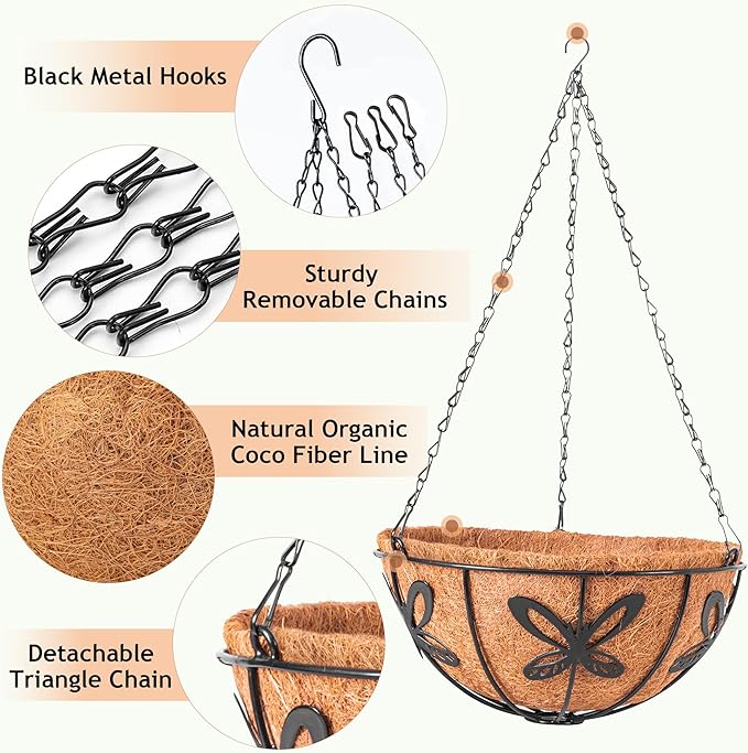 Hanging Baskets Planter for Plants, 2 Pack 10 Inch Round Metal Wire Hanging Flower Pots with Coco Coir Liner Chain, Plant Holder for Home Garden Balcony Decor ARVINKEY
