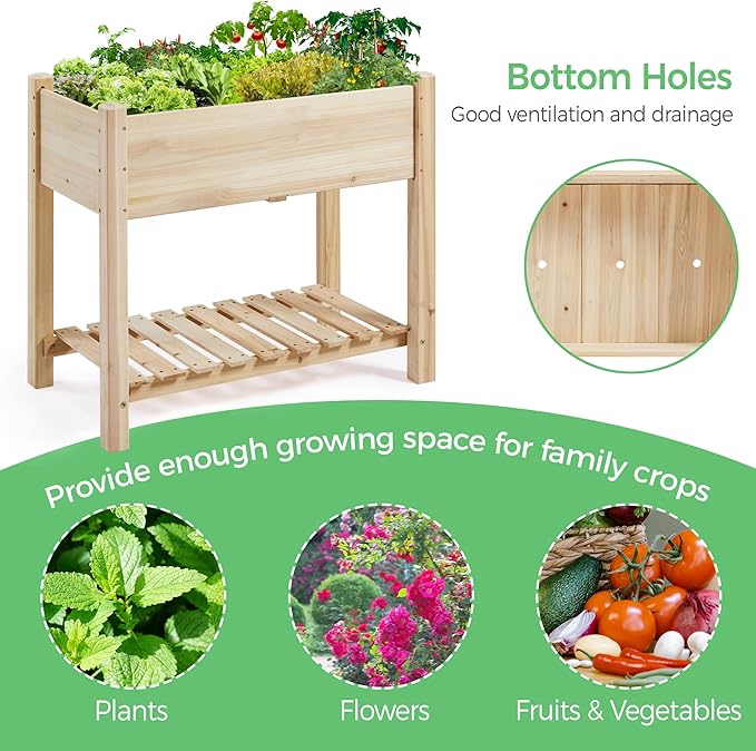 Yaheetech 34x18x30in Horticulture Raised Garden Bed 2pcs Planter Box with Legs & Storage Shelf Wooden Elevated Vegetable Growing Bed for Flower/Herb/Patio/Balcony, Natural Wood Yaheetech