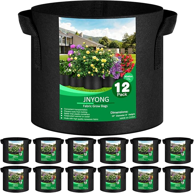 12-Pack 3 Gallon Thickened Non-Woven Grow Bags, Aeration Fabric Pots with Handles JNYONG