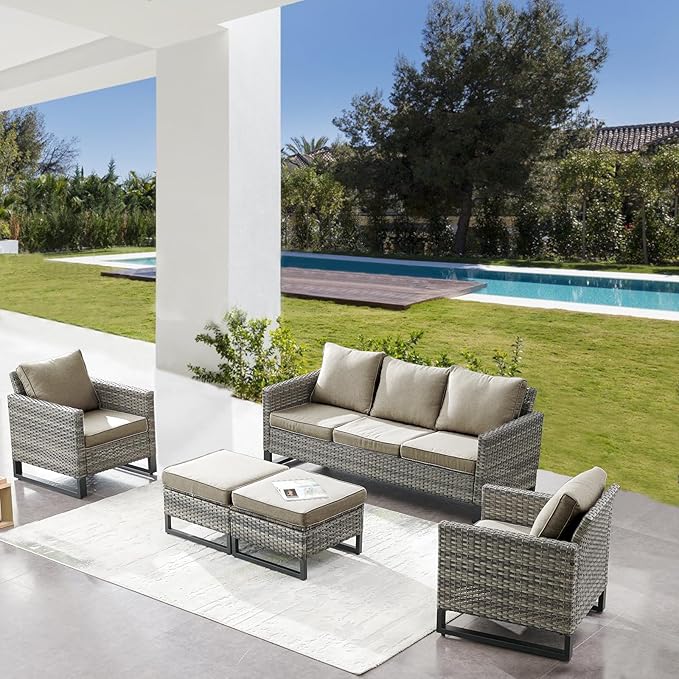 Belord Wicker Patio Furniture 5 Piece Outdoor Sofa Set, Oversize Outdoor Dining Chairs with Rattan Ottomans, Conversation Sets Patio Furniture Come with Removable Washable Cushion Grey Belord