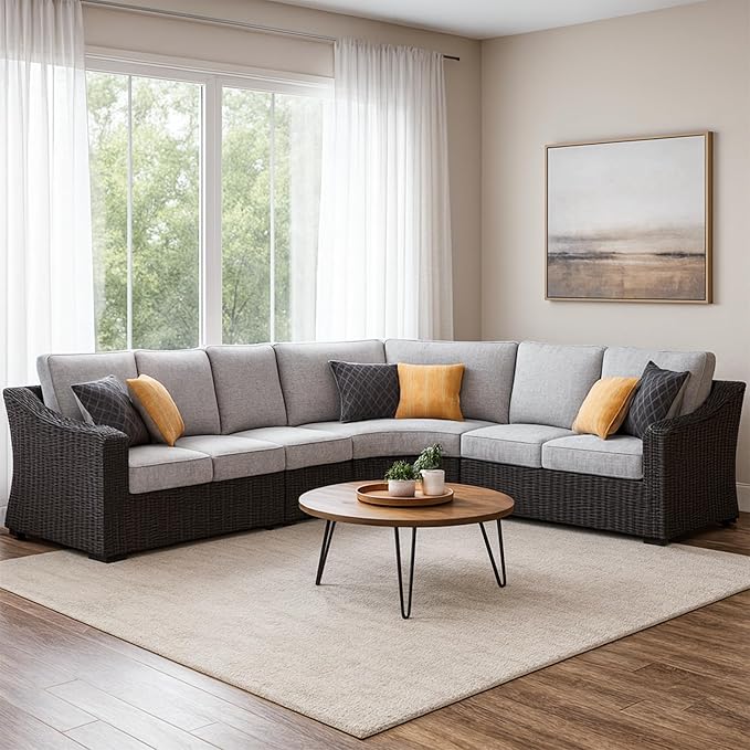 Signature Design by Ashley Beachcroft Curved Modern 4-Piece Outdoor Sectional with Cushion and 6 Throw Pillows, Light Gray SignatureDesignbyAshley