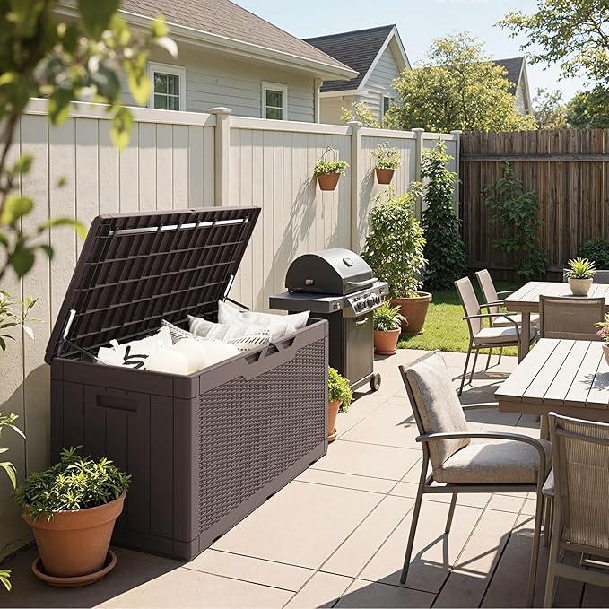 Greesum 100 Gallon Resin Deck Box Large Outdoor Storage Boxes with Cushions for Garden Tools, Patio Furniture Pillows, Pool Supplies, Dark Brown BuynowfromGreesum