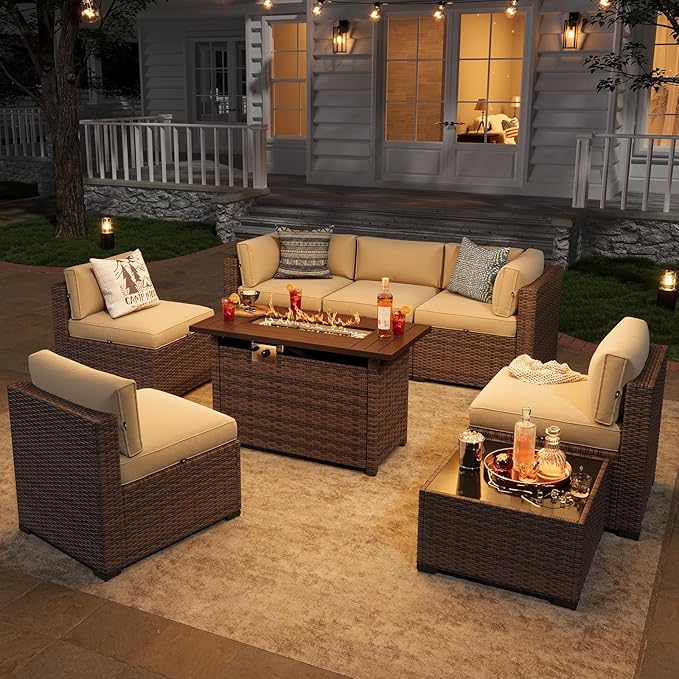 Aoxun Patio Furniture Sets, 8-Piece Outdoor Patio Furniture with 44'' Propane Gas Firepit Table, Wicker Outdoor Conversation Set Sectional Sofa for Backyard, Poolside, Garden (Black Cushion) Aoxun
