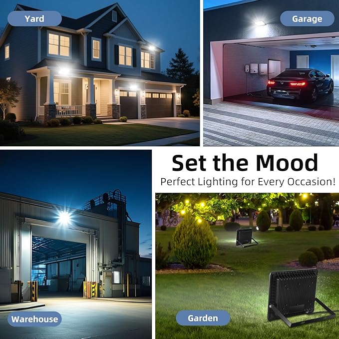 100W Flood Lights Outdoor,12000LM Bright LED Work Light,IP66 Waterproof Outdoor with Switch and 6.5FT Plug,6500K Daylight White Outside Lights for Yard，Garage,Garden,Stadium(2 Pack) Rootora
