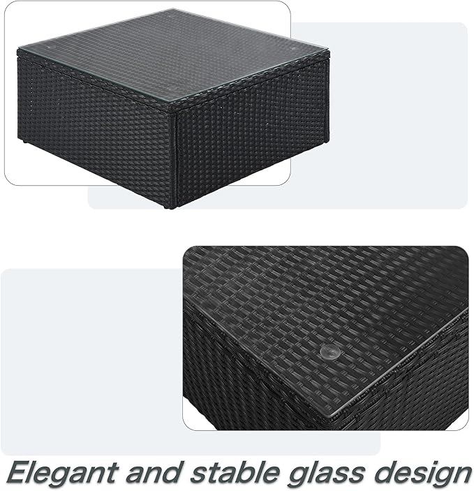 Merax 7-Piece Outdoor Wicker Sectional Sofa Set,Modular Rattan Conversation Set with Gray Cushions,Striped Green Pillows & Tempered Glass Coffee Table for Patio,Garden,Deck,Black Merax