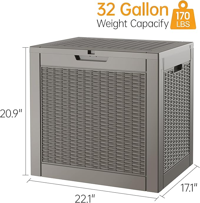 Outdoor Storage Box, Resin Deck Boxes Indoor and outdoor, Waterproof Storage Box Lockable Lid (Grey,32 Gallon) NBYSGO