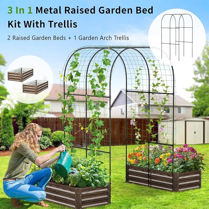 DoCred 3 in 1 Raised Garden Bed with 87in Tall Arch Trellis for Climbing Plants, Galvanized Planter Garden Box Outdoor for Gardening, Climbing Vegetables, Flower DoCred