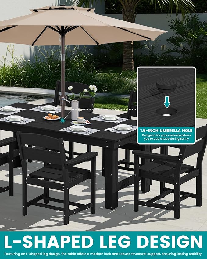 SERWALL Outdoor Dining Table Set, 67‘’ HDPE Patio Dining Set for 4, All-Weather Outdoor Table and Chairs Set for Deck, Black SERWALL