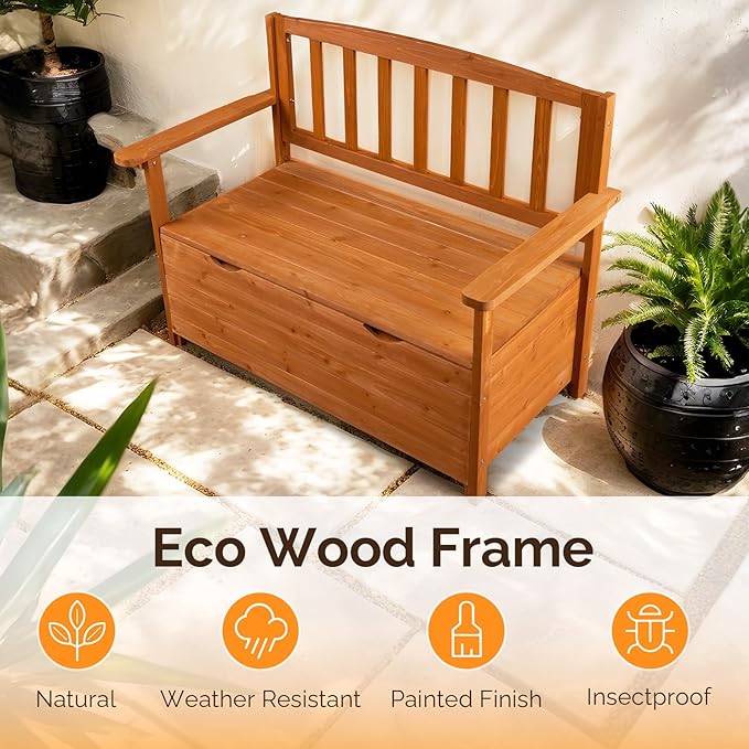 VINGLI Outdoor Storage Bench, Large Wood Deck Box with Seating, Weatherproof Outdoor Bench with Storage Loveseat, 2-Person Wooden Patio Bench for Entryway, Backyard, Garden VINGLI