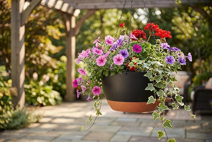 Hanging Planters, 3-Pack 10 Inch Self-Watering Pots with Drainage Holes and Chains, Matte Plastic Planters for Indoor/Outdoor Plant（Black Brown） Rootora